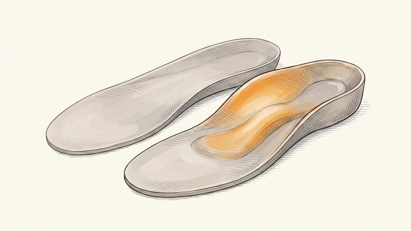Illustration of a flat generic insole beside a contoured custom orthotic with its arch support highlighted in orange