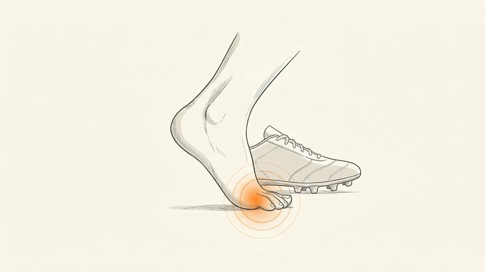 Illustration of a bare foot pushing off the ground with the heel raised and the big toe bent upward, orange pain rings around the base of the big toe, a studded sports boot behind