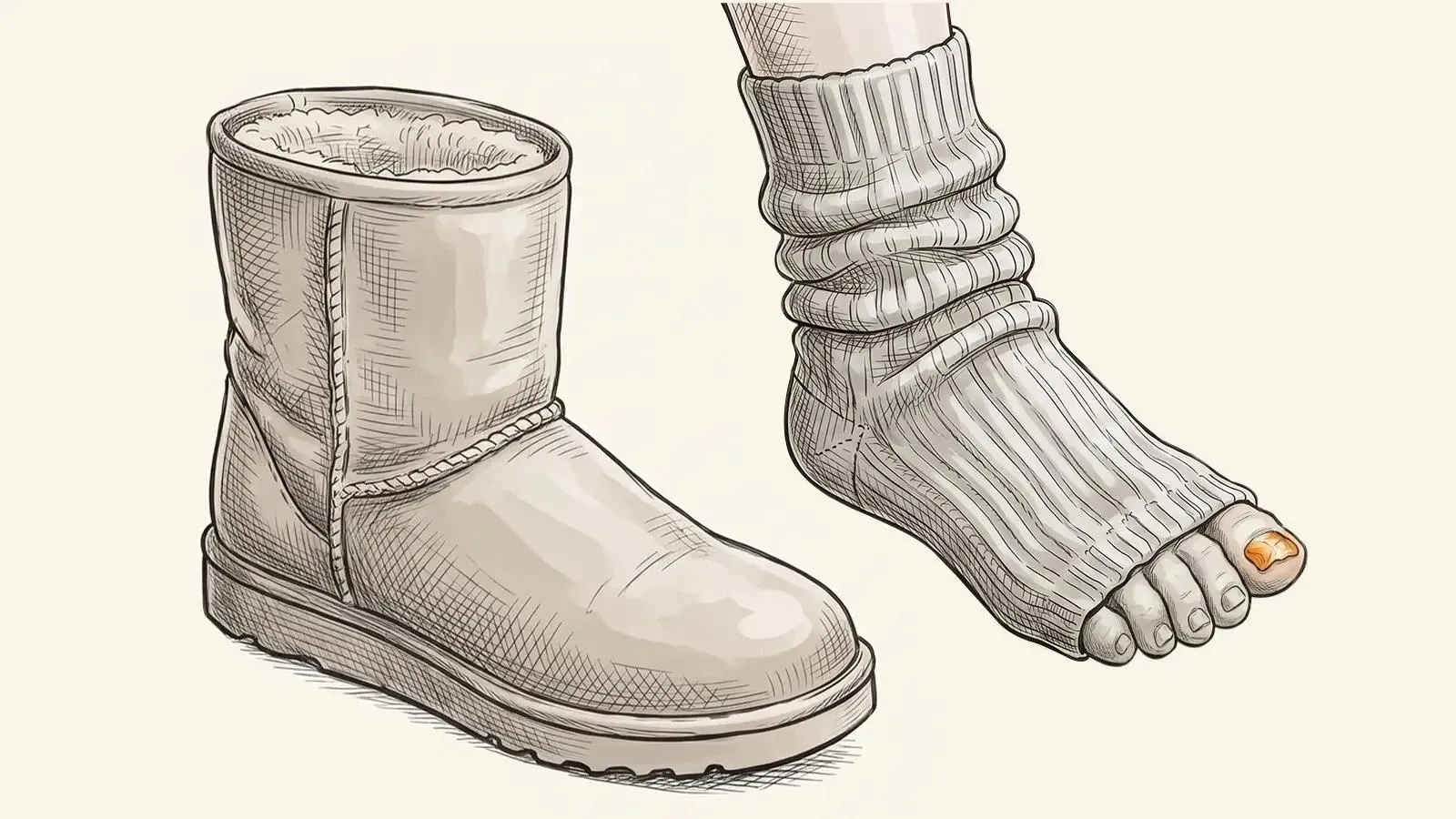 Illustration of a foot in a knitted winter sock beside a warm lined boot, with one discoloured big toenail highlighted in orange