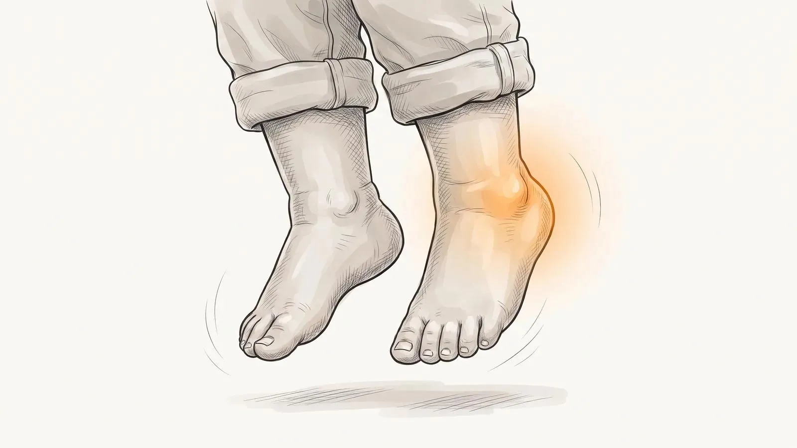 Illustration of a young child's lower legs and bare feet mid-jump, with a warm orange glow around one heel