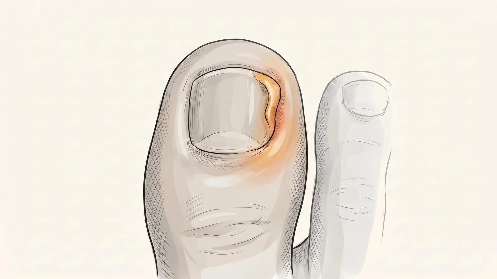 Illustration of a big toe with subtle orange redness along one edge of the toenail where it presses into the skin