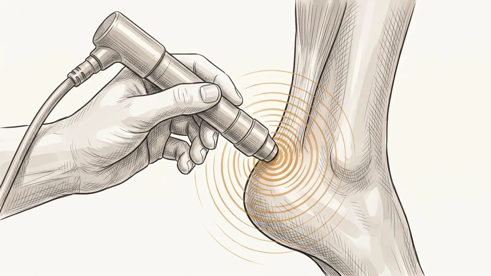 Illustration of a clinician holding a shockwave therapy handpiece against a heel, with orange pressure-wave rings rippling outward