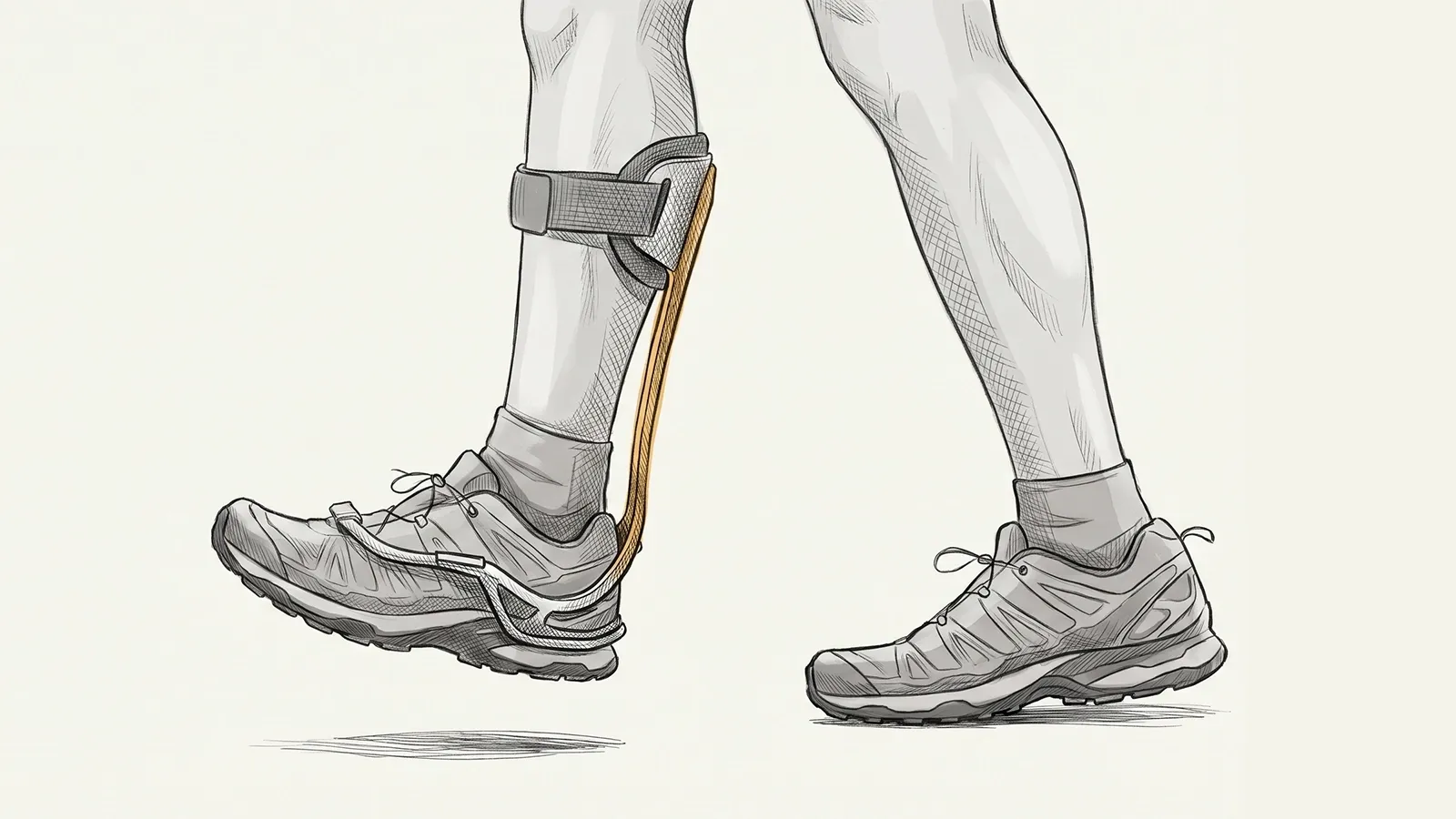 Illustration of an ankle-foot orthosis brace fitted closely to the ankle, showing how the strap and shell support the foot