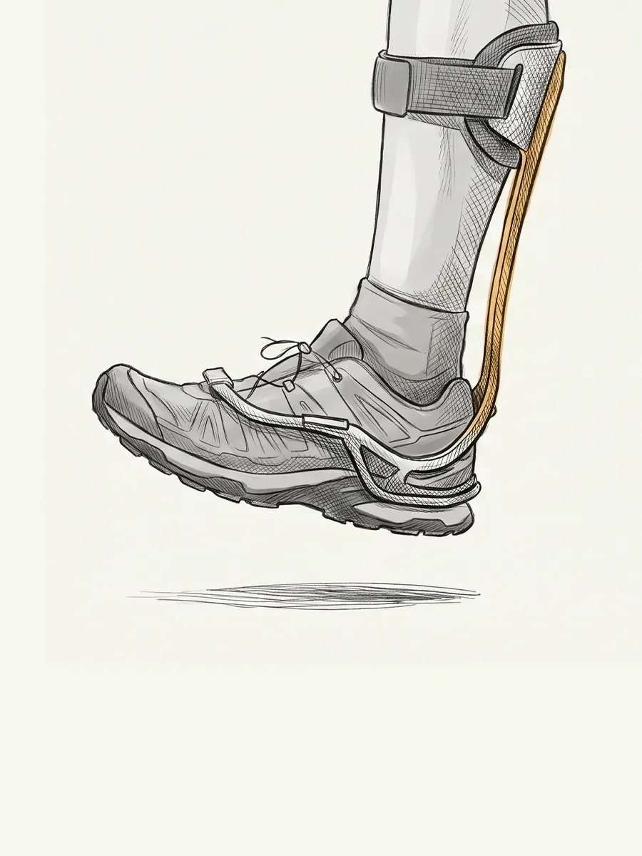 Illustration of a lower leg and foot wearing an ankle-foot orthosis (AFO) brace inside a shoe