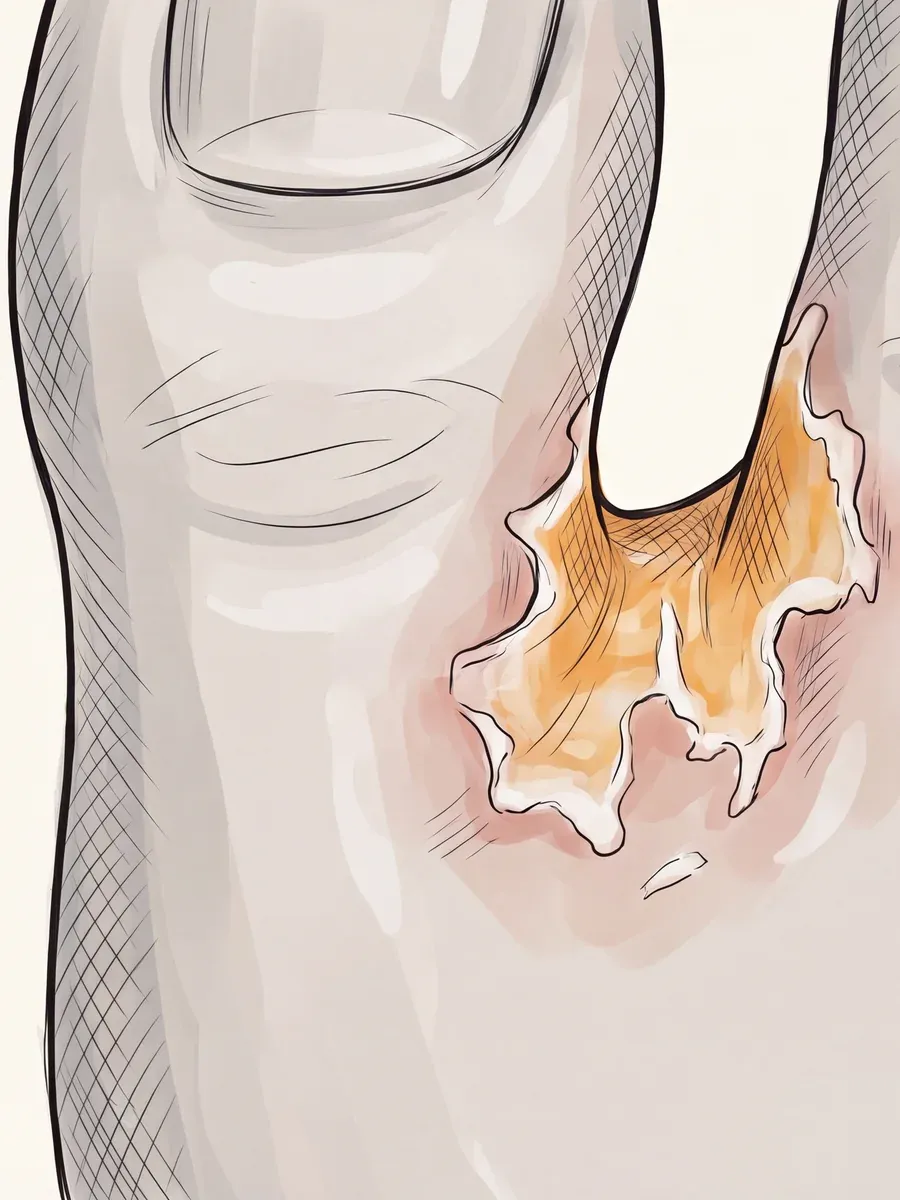 Illustration of peeling, macerated skin between the toes from athlete's foot