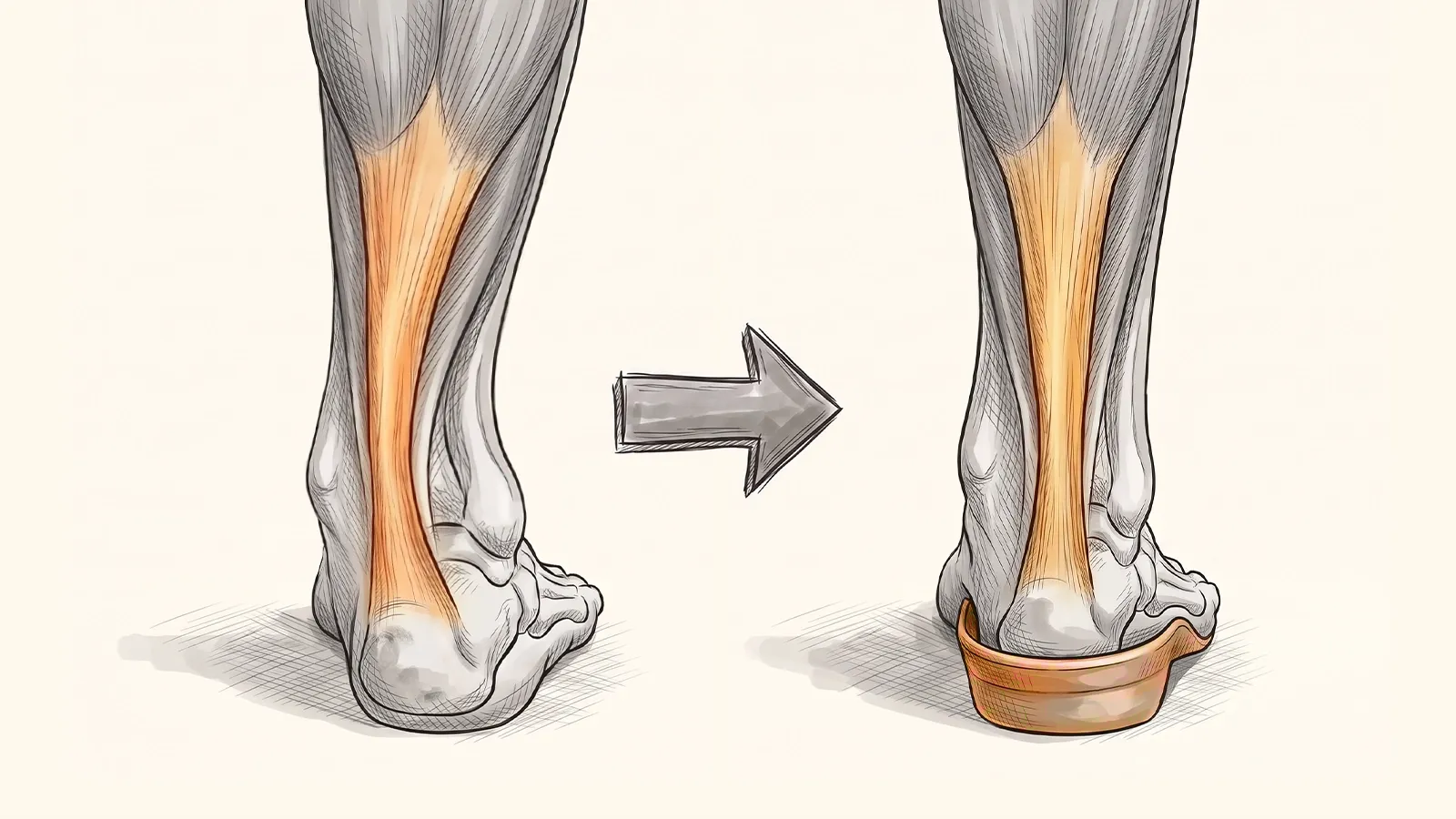 Illustration of a foot resting on a custom orthotic, showing its contoured arch support and heel cup structure