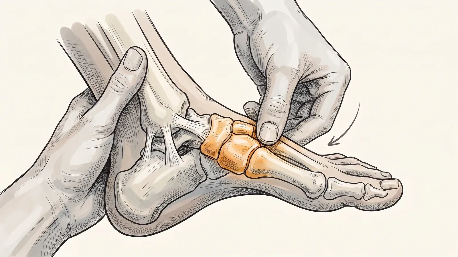 Illustration of a clinician's hands applying a manual mobilising force to a joint in the foot and ankle