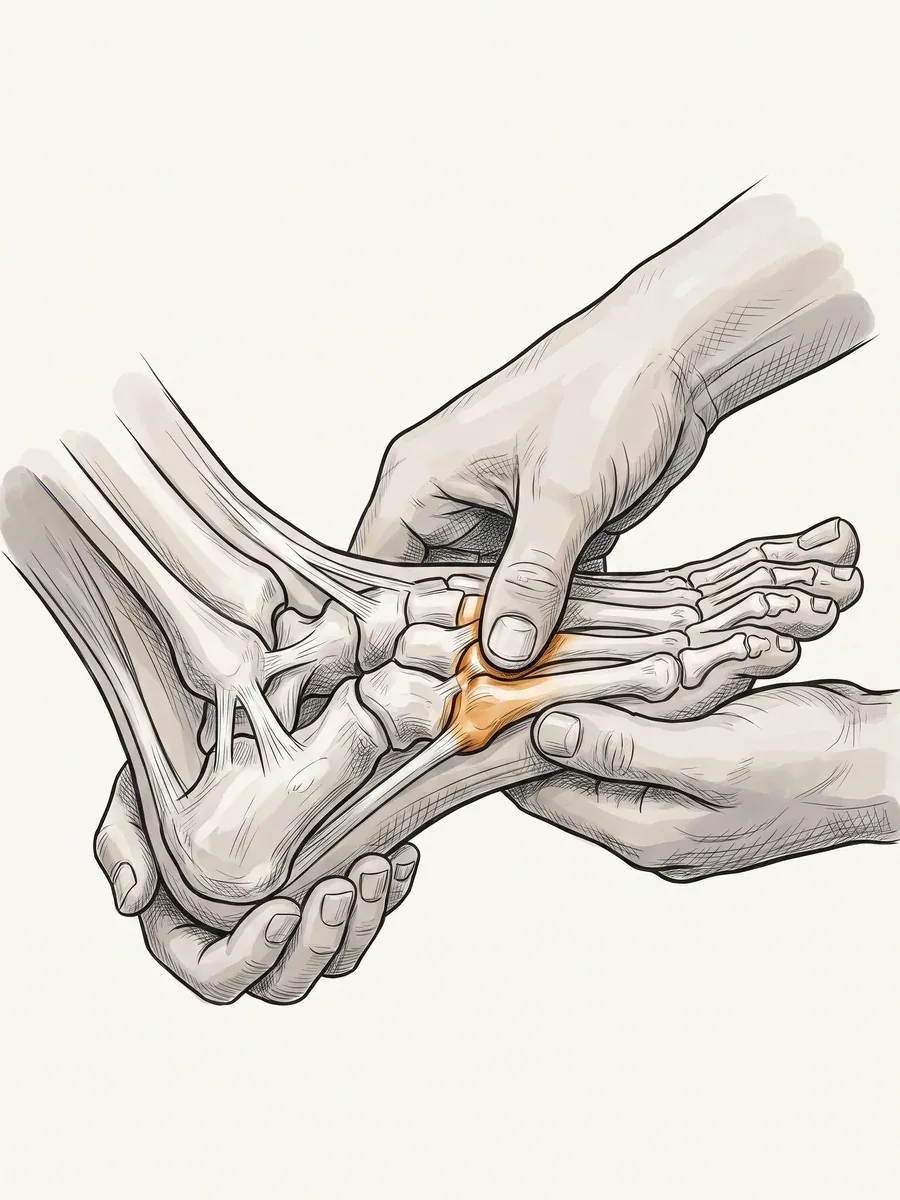 Illustration of a clinician's hands performing a foot mobilisation technique on the midfoot joint