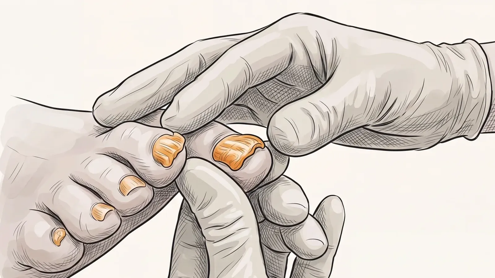 Illustration of a fungal nail infection being examined, showing thickened, discoloured toenails