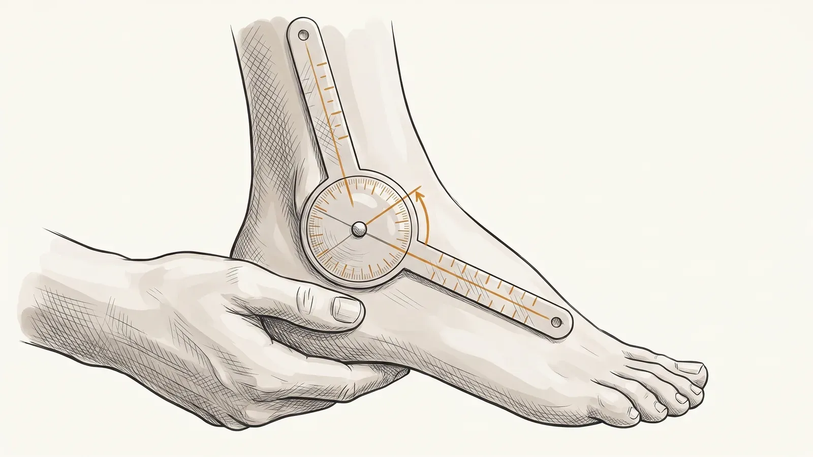 Close-up of a clinician using a goniometer to measure ankle joint angle during a biomechanical assessment