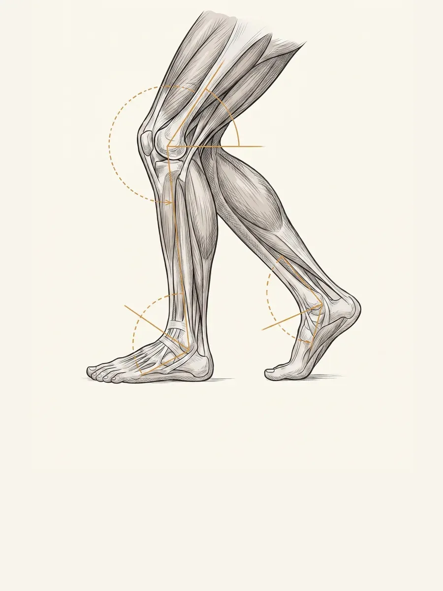 Illustration of a leg and foot mid-stride with joint-angle markers over the knee and ankle, showing biomechanical gait analysis