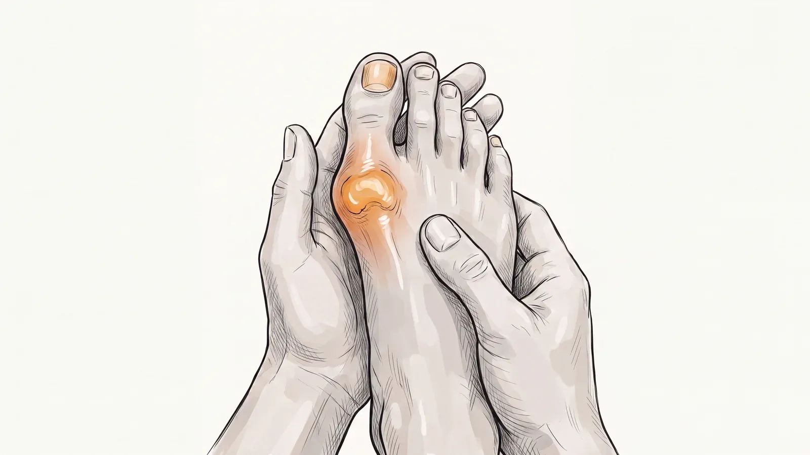 Illustration of hands holding a foot with a red, swollen big toe joint from a gout flare