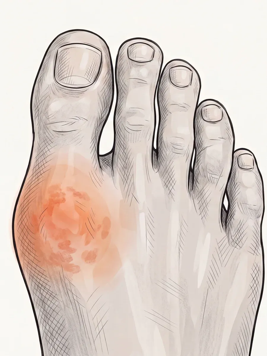 Illustration of a red, inflamed, swollen big toe joint from gout