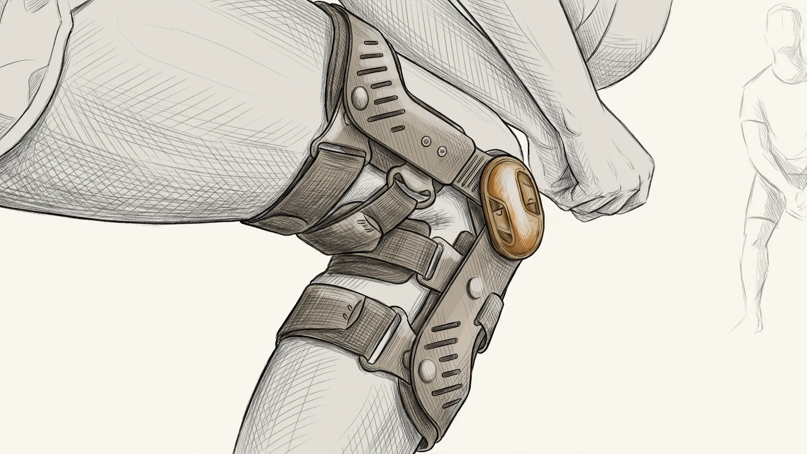 Close-up illustration of a knee brace's hinge mechanism fitted and supporting the knee joint