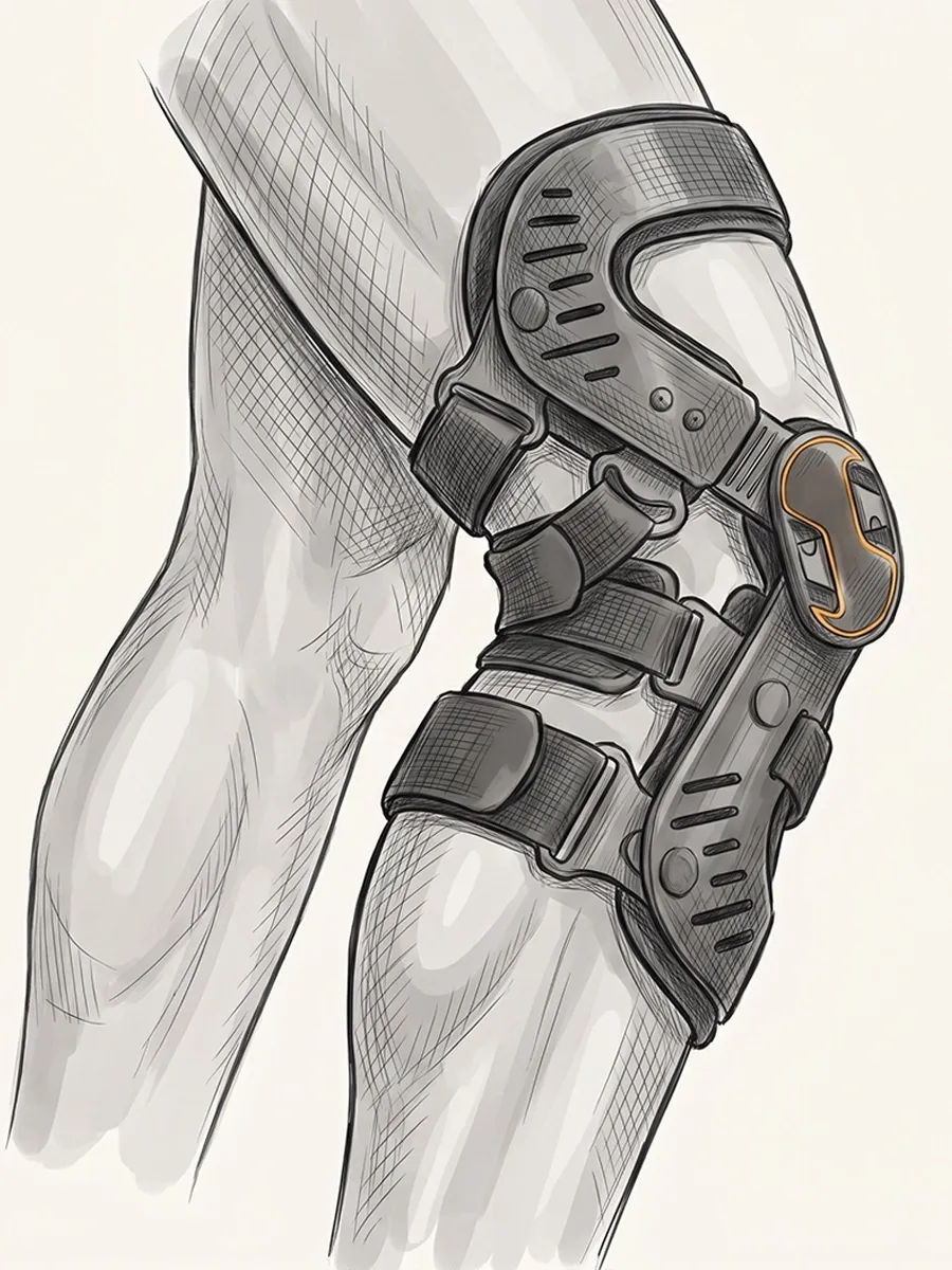 Illustration of a leg wearing a hinged knee brace, with the hinge mechanism at the knee joint highlighted