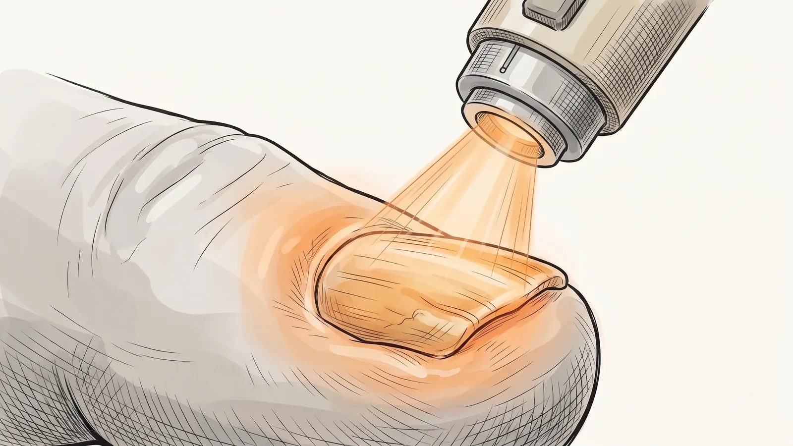 Close-up illustration of the Lunula Laser device delivering light treatment to a toenail
