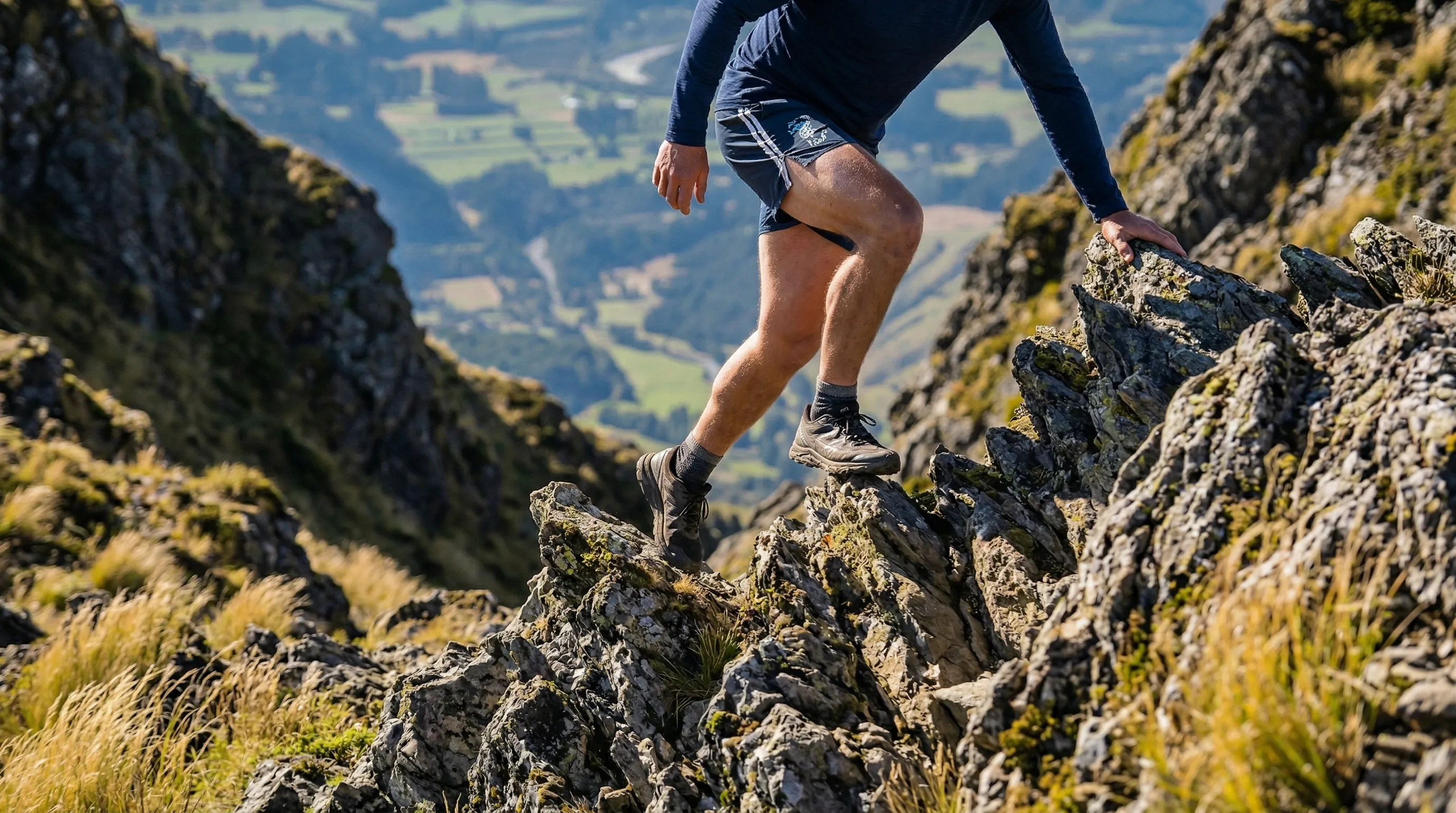 Close-up of legs and feet navigating rocky terrain on a mountain trail