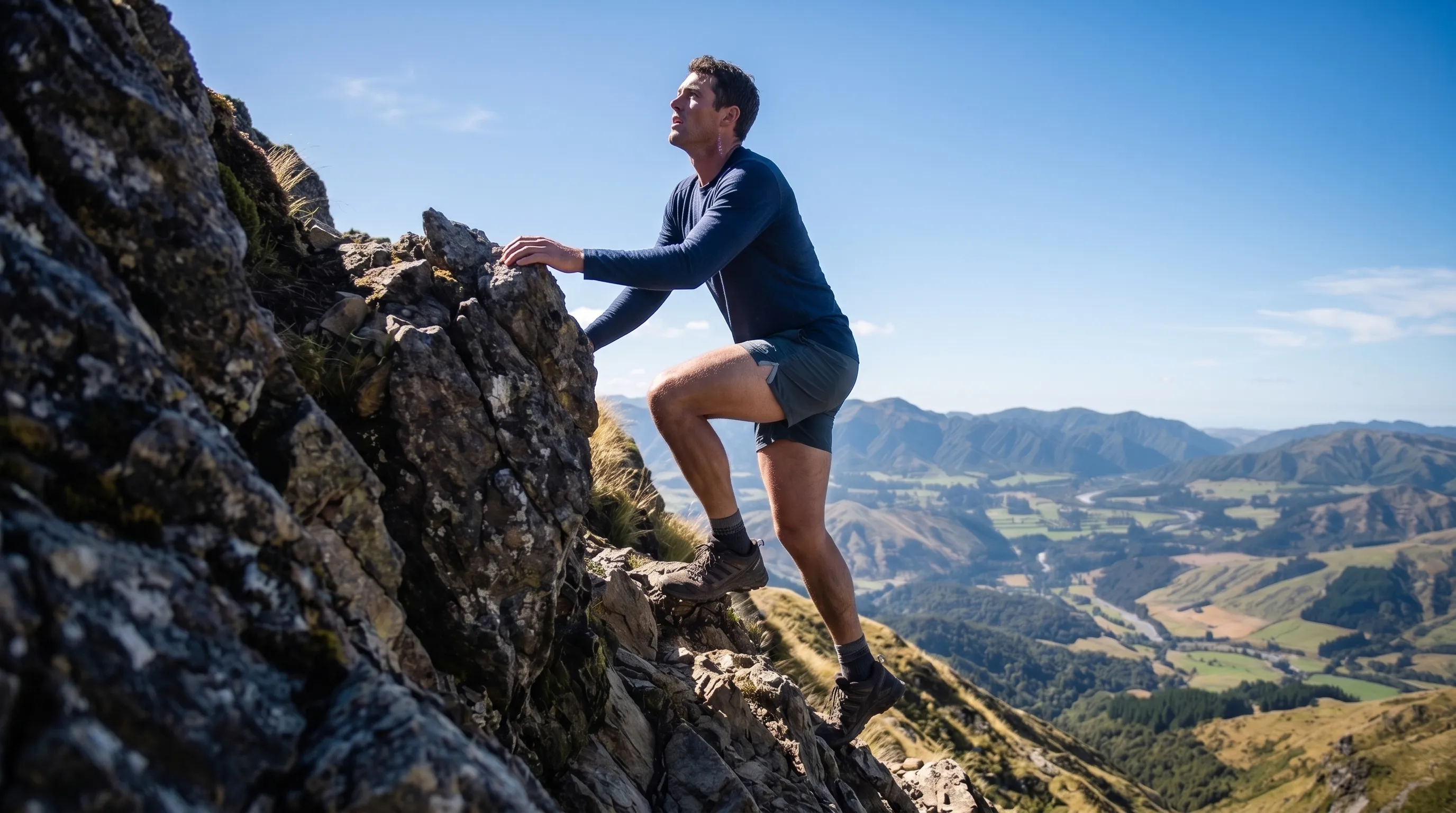 A trail runner ascending a rocky ridge above the Wairarapa valley