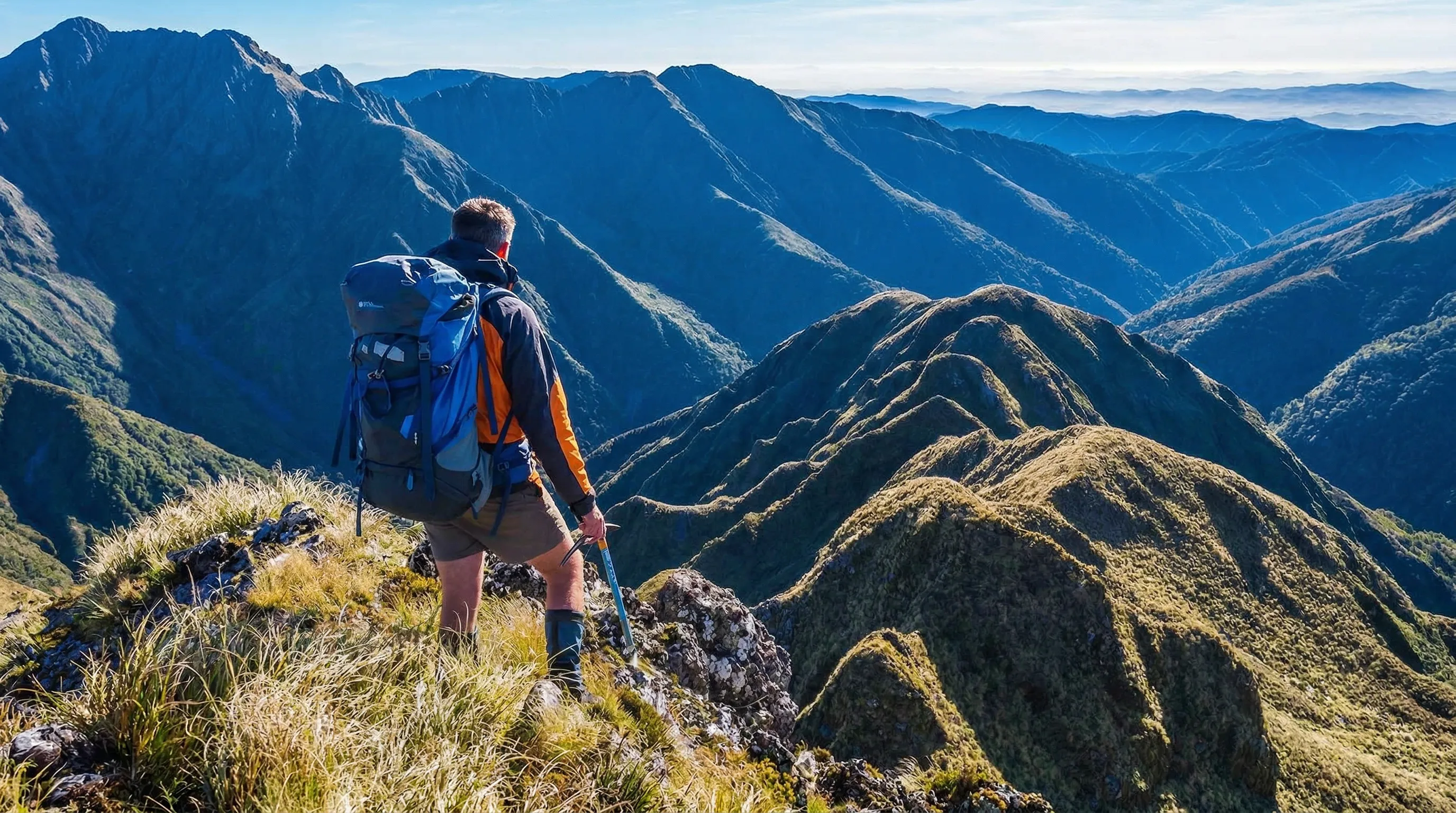 A hiker with a pack pausing on a ridgeline, looking out over the Tararua Ranges