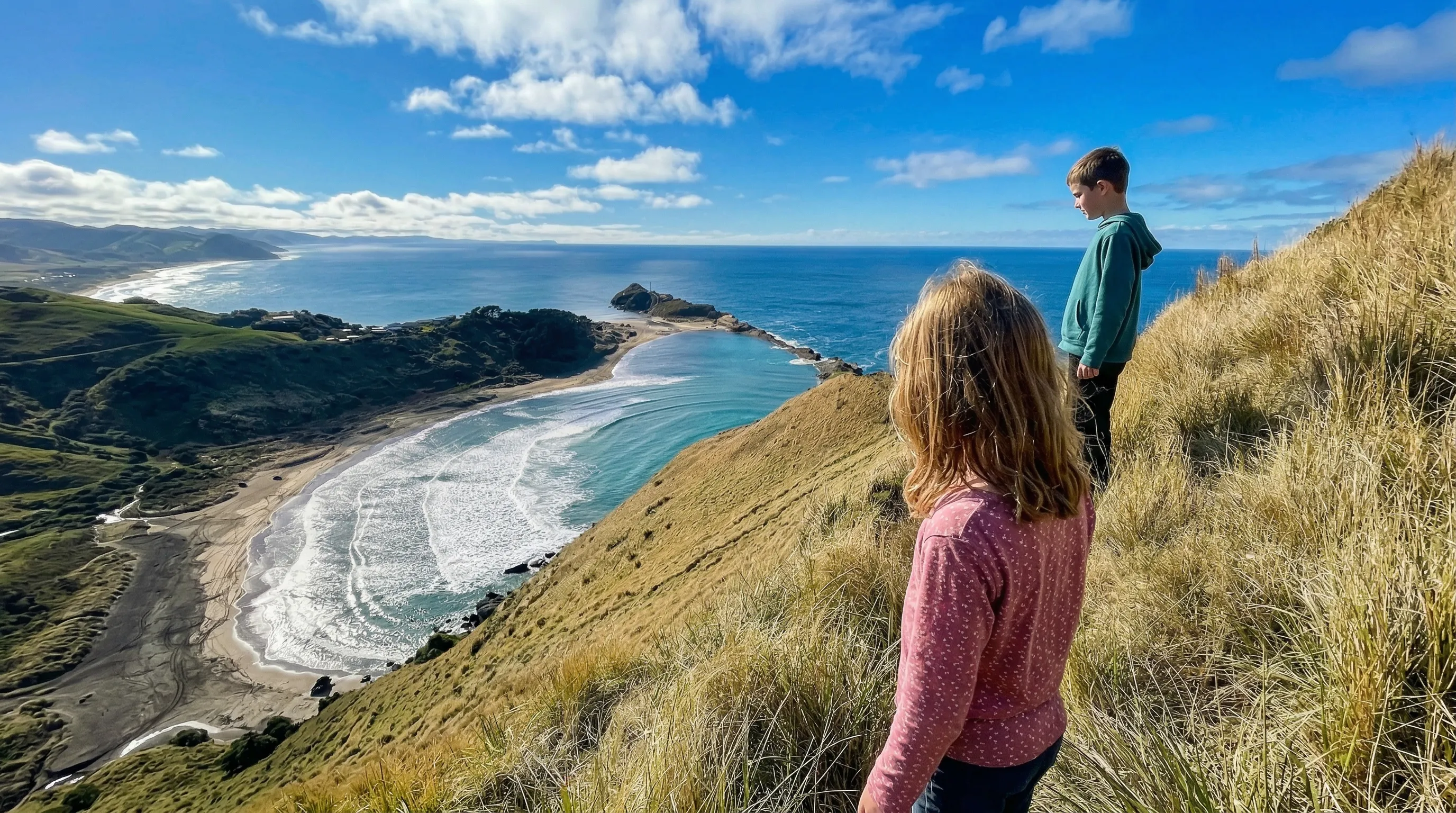 Two children overlooking a Wairarapa coastal bay from a hillside
