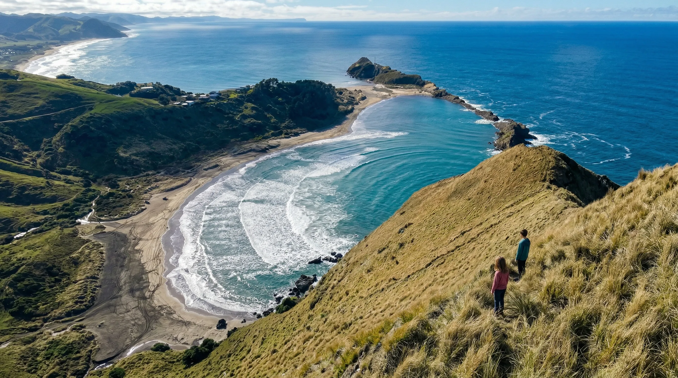 Aerial view of a turquoise cove on the Wairarapa coast, with two children on the ridgeline above