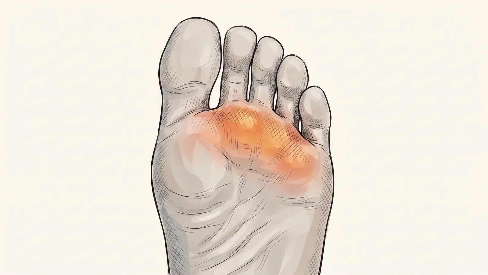 Illustration of an inflamed, reddened ball of the foot