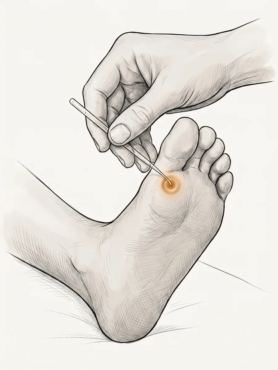 Illustration of a clinician testing protective sensation on the sole of a foot with a monofilament