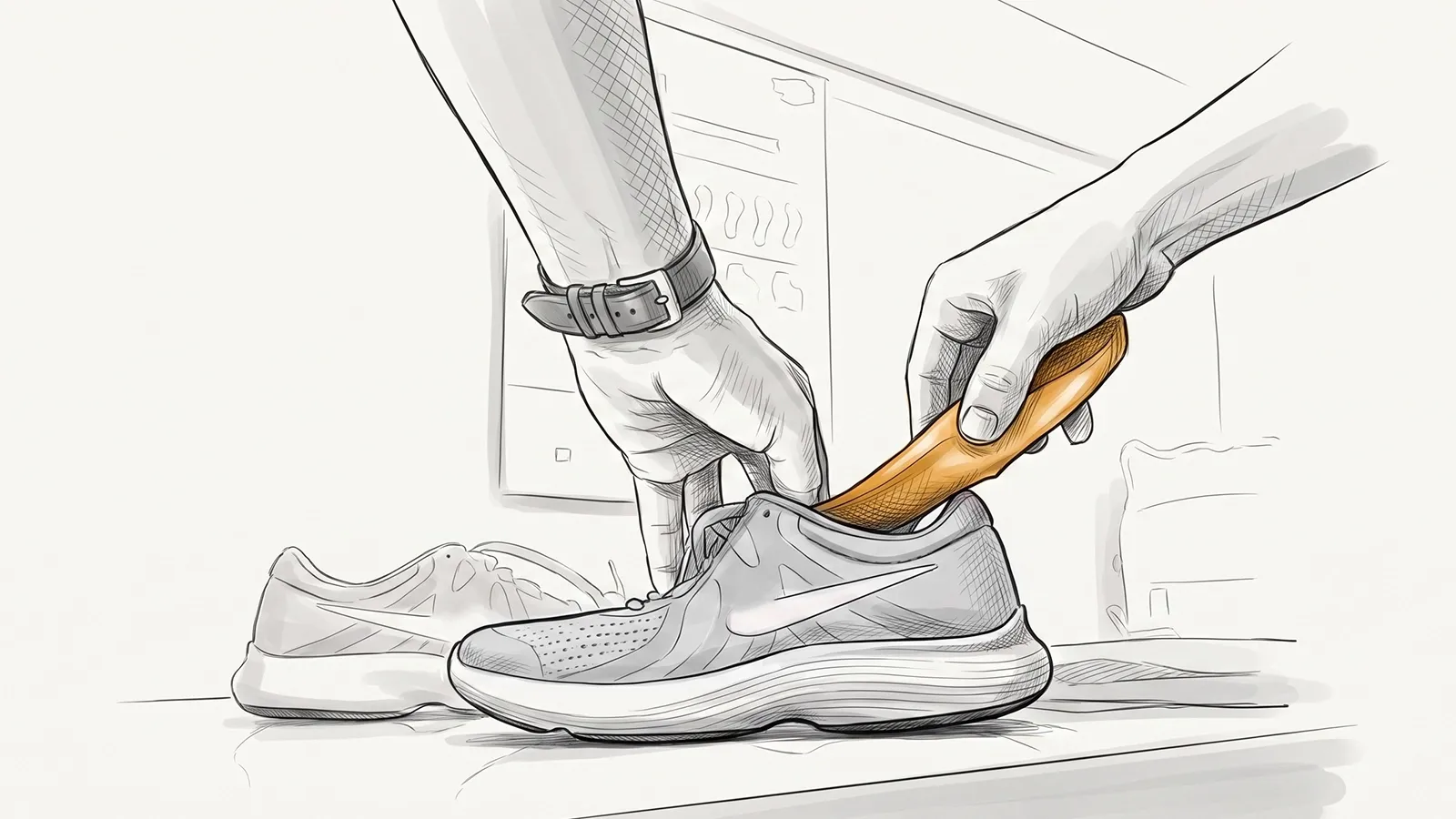 Illustration of an orthopaedic shoe's supportive sole construction, showing extra depth and cushioned layers