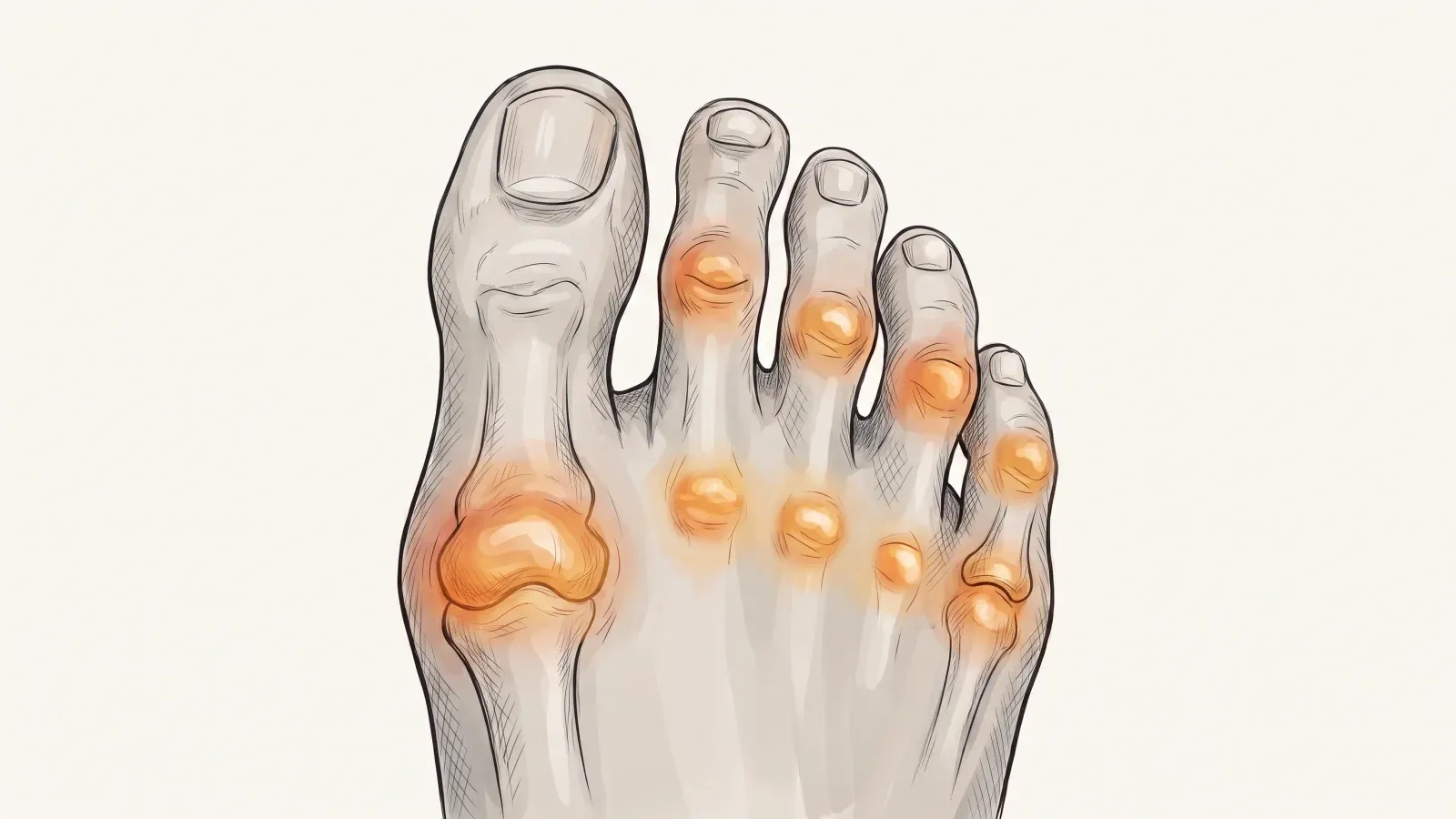 Illustration of swollen, misaligned toe joints across the forefoot