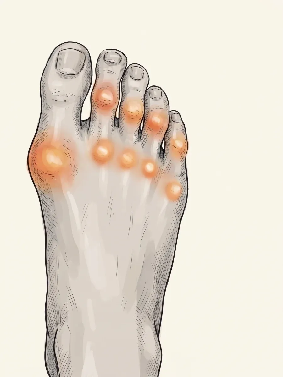 Illustration of swollen, misaligned toe joints from rheumatoid arthritis