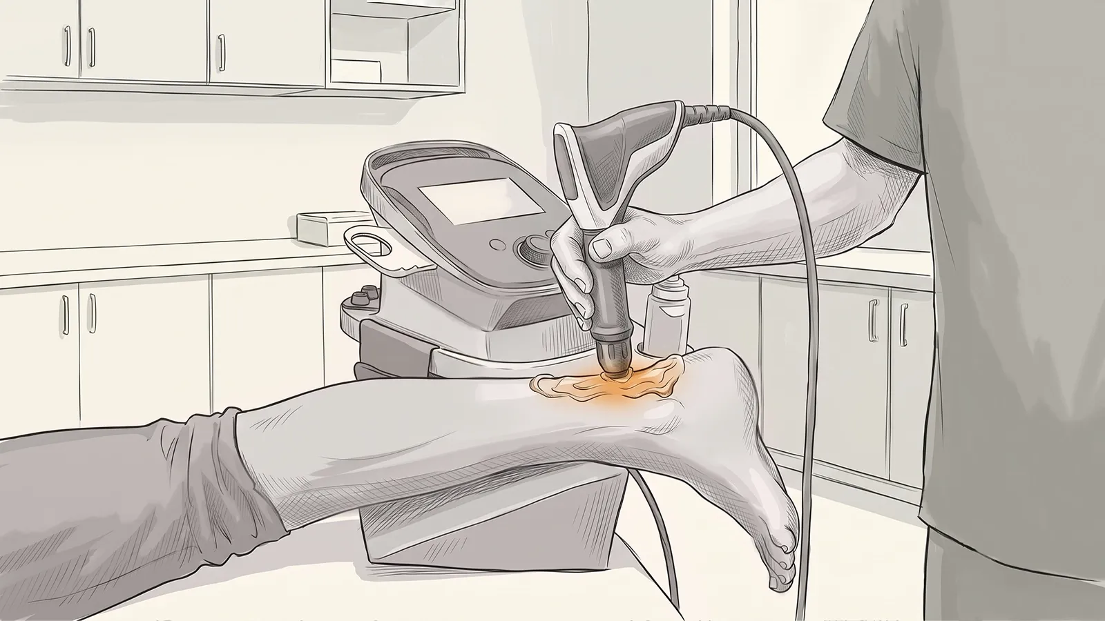 Illustration of a shockwave therapy device delivering acoustic pressure waves into the Achilles tendon during treatment