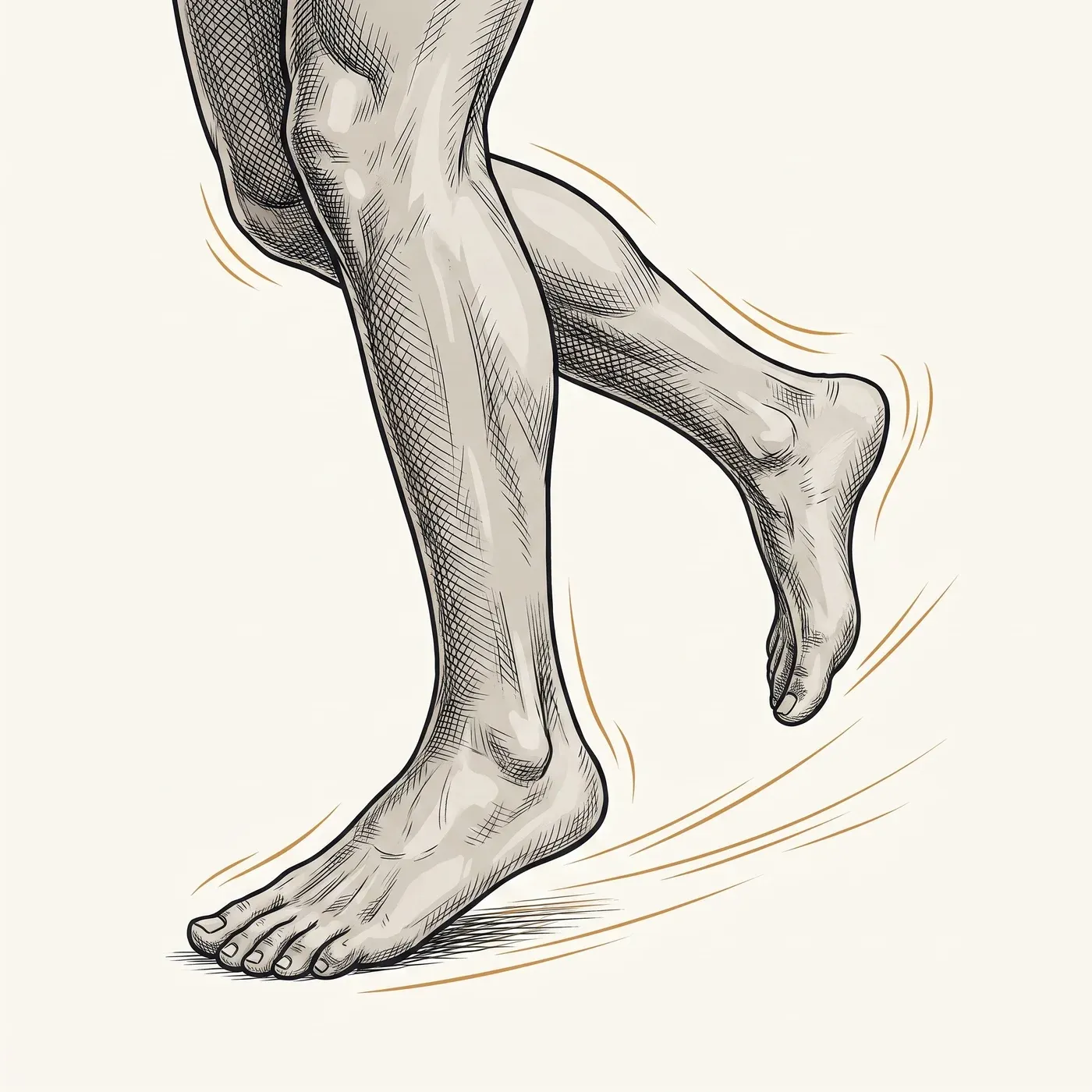 Illustration of legs and feet mid-stride, back to active, pain-free movement