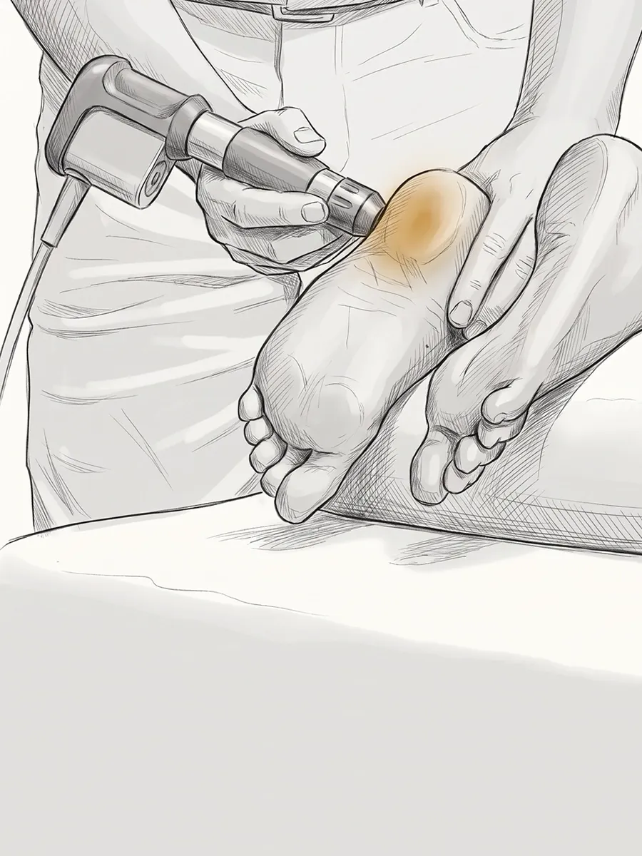 Illustration of a shockwave therapy device applying acoustic pressure waves to the heel and Achilles tendon