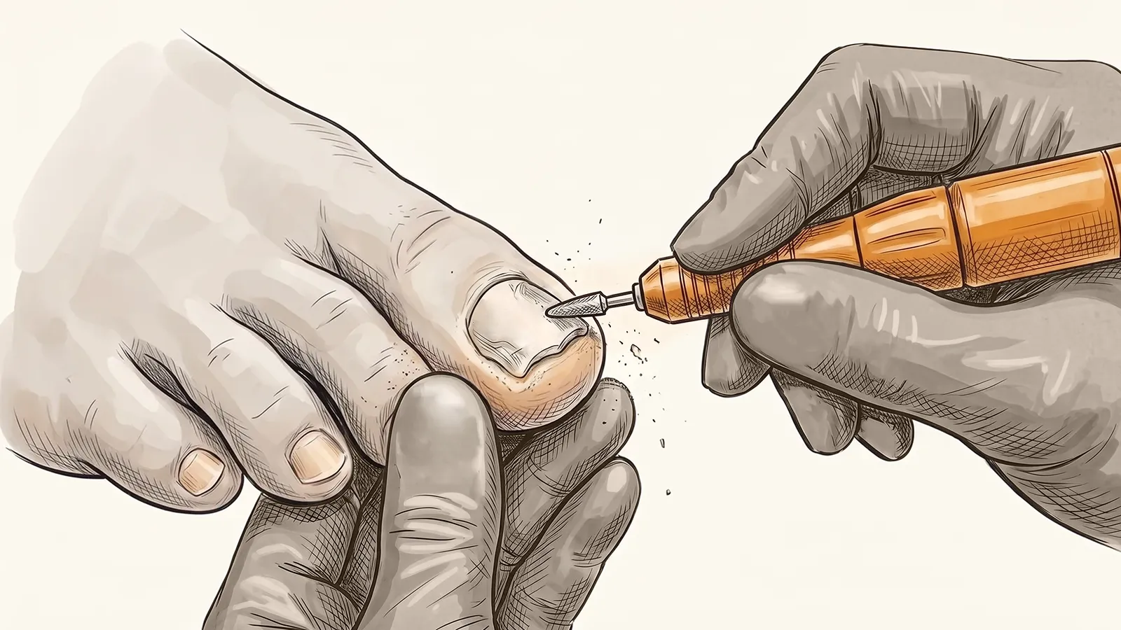Illustration of a clinician using a nail file to carefully reduce a thickened toenail