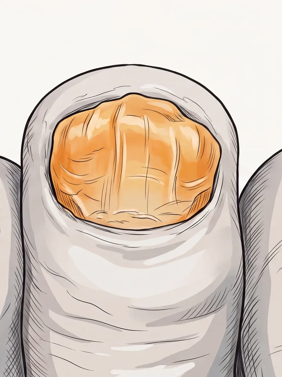 Illustration of a thickened, discoloured fungal toenail