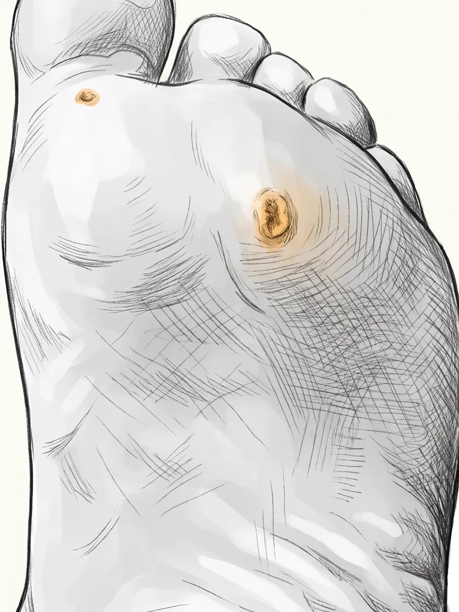 Illustration of a verruca (plantar wart) on the sole of the foot